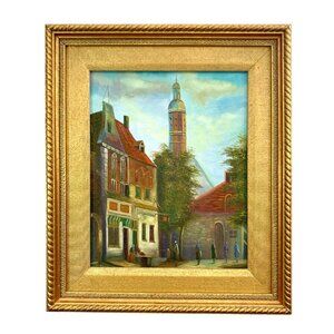 Painting European CityScape Oil on Canvas Framed Vintage Art Decor